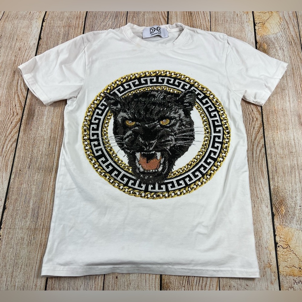 Mens DNA Premium Wear White T Shirt Black Panther Graphic Rhinestone Jewels